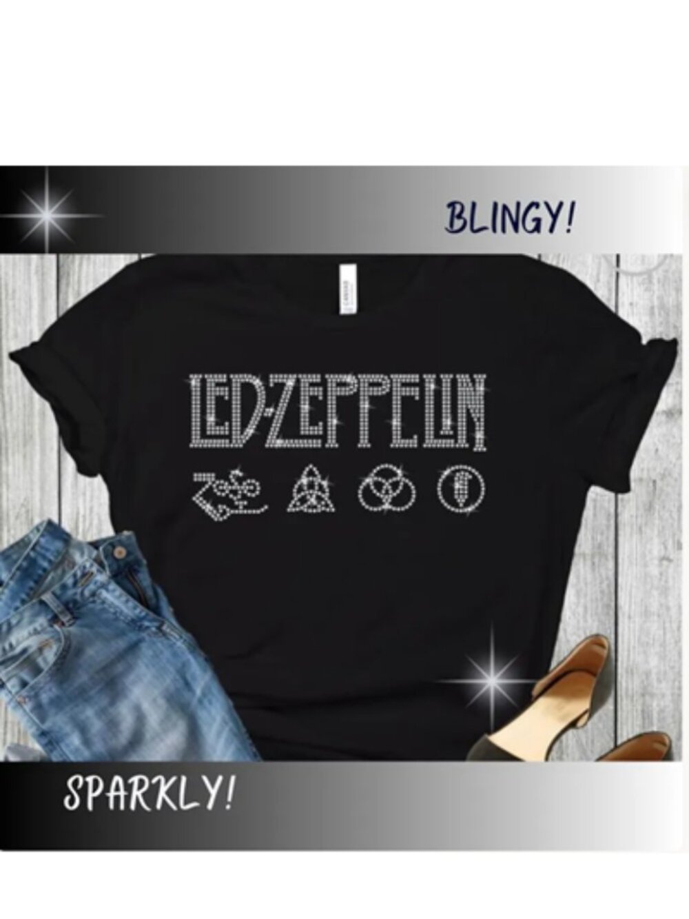 Led Zeppelin Black Rhinestone Logo Women's Tee, NWOT, S